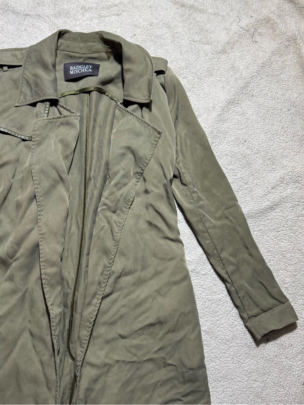 Badgley Mischka Jacket Womens 2XS‎ Green Trench Coat Collared Waist Tie Lyocell - Picture 5 of 13